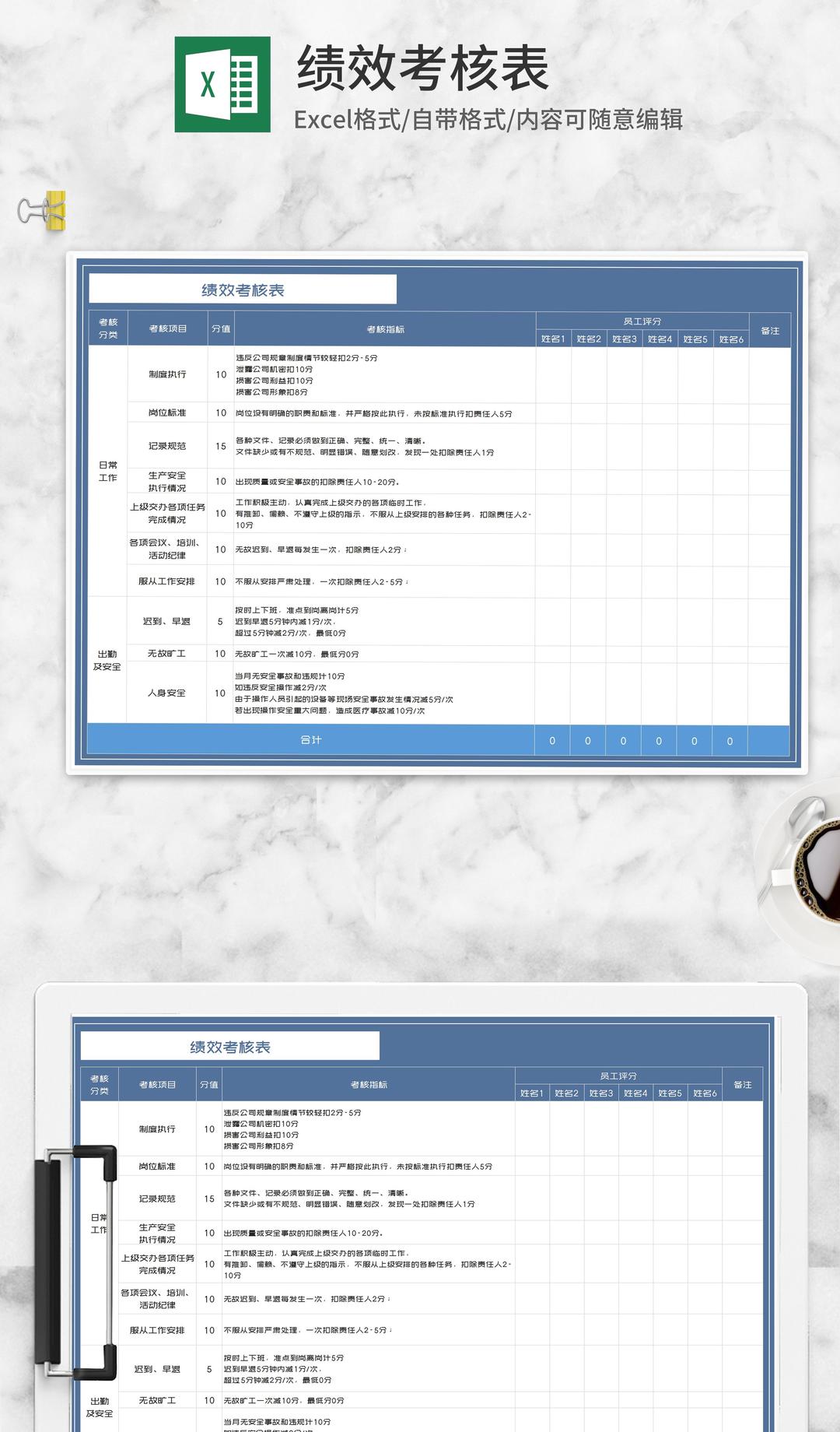 蓝色项目员工绩效考核表Excel模板