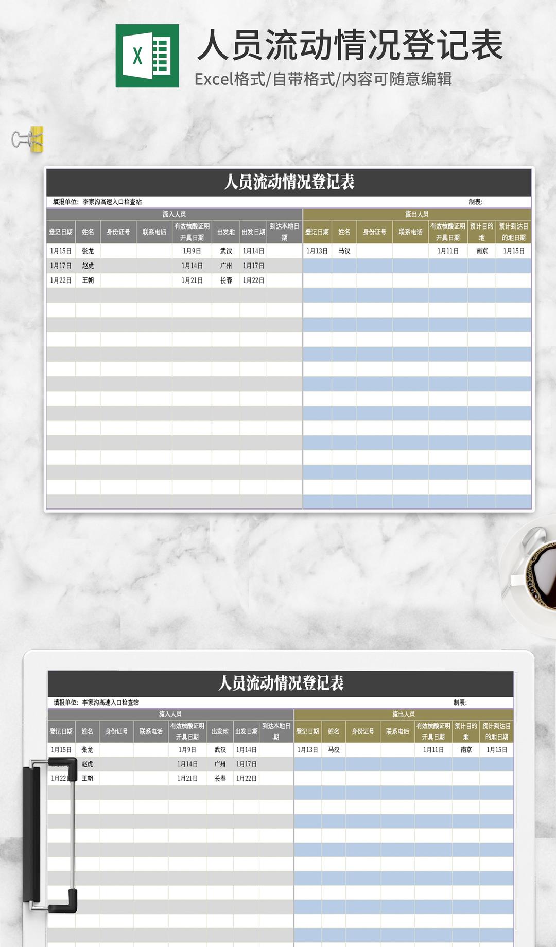 小清新人员流动情况登记表Excel模板