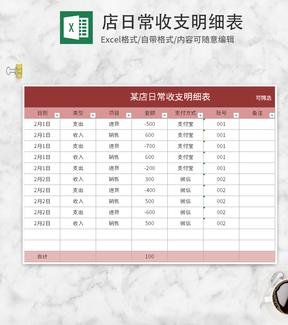 红色店铺日常收支明细表Excel模板