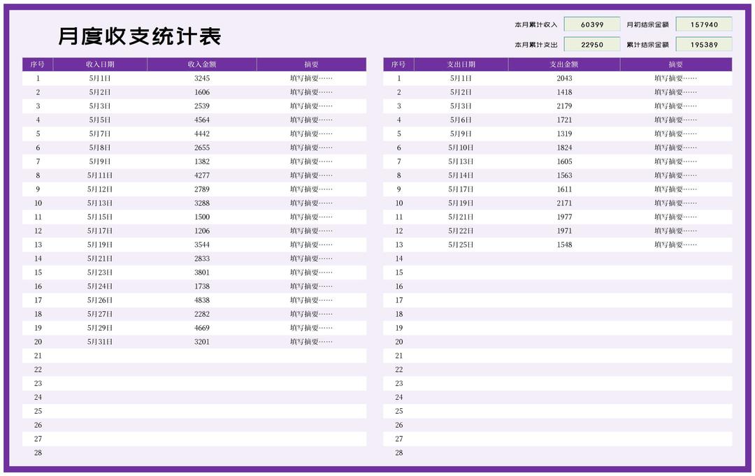 紫色月度收支统计表Excel模板