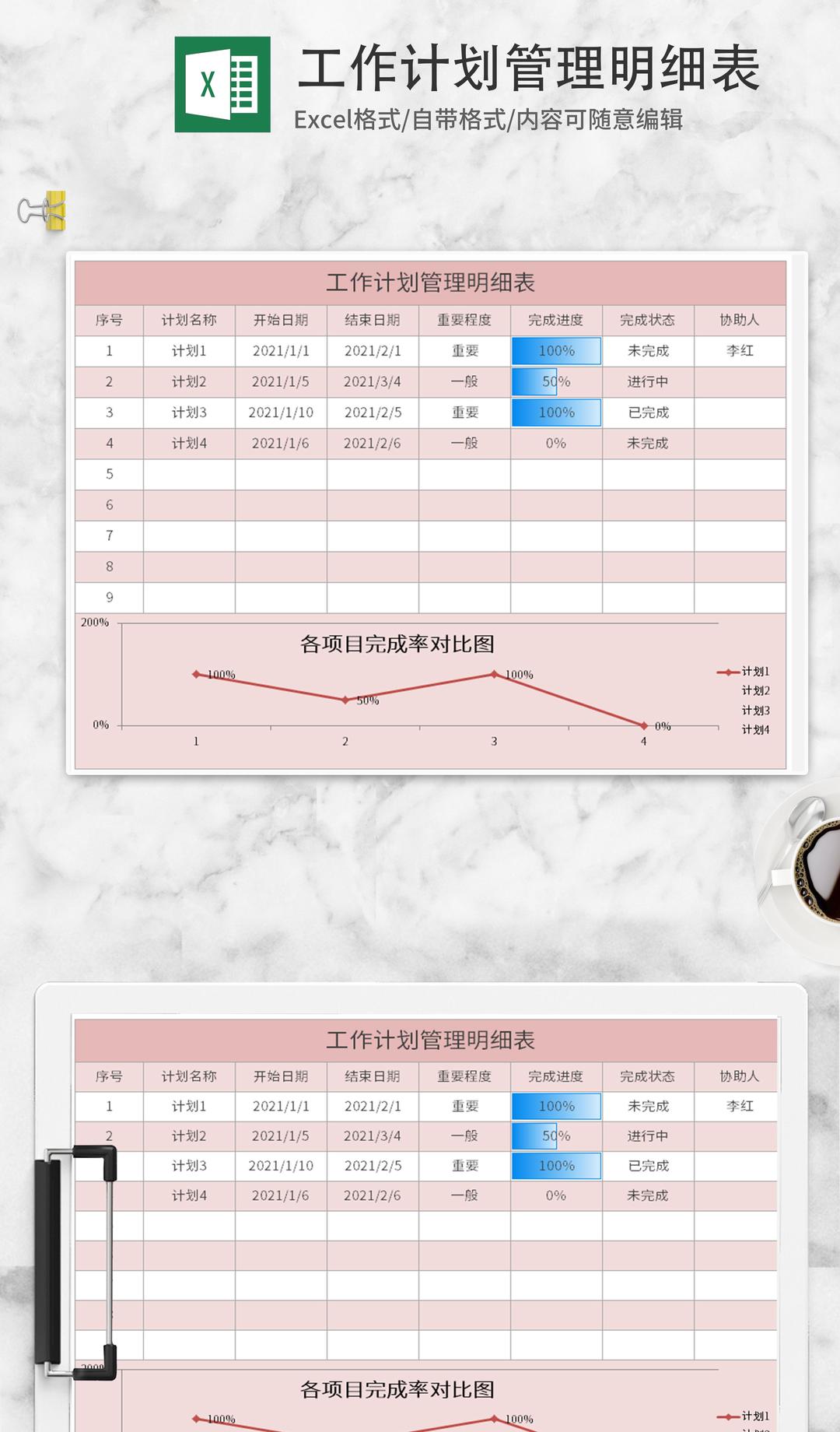 粉色工作计划管理明细表Excel模板