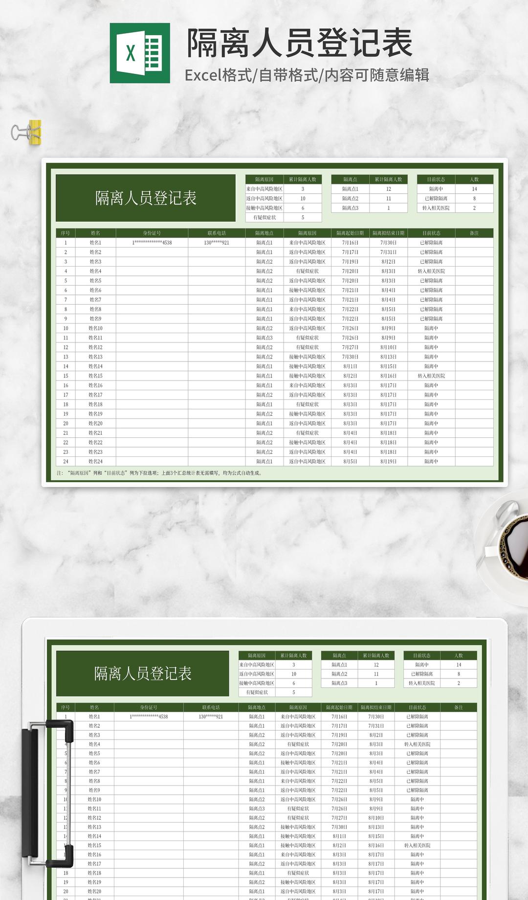 绿色隔离人员信息登记表Excel模板
