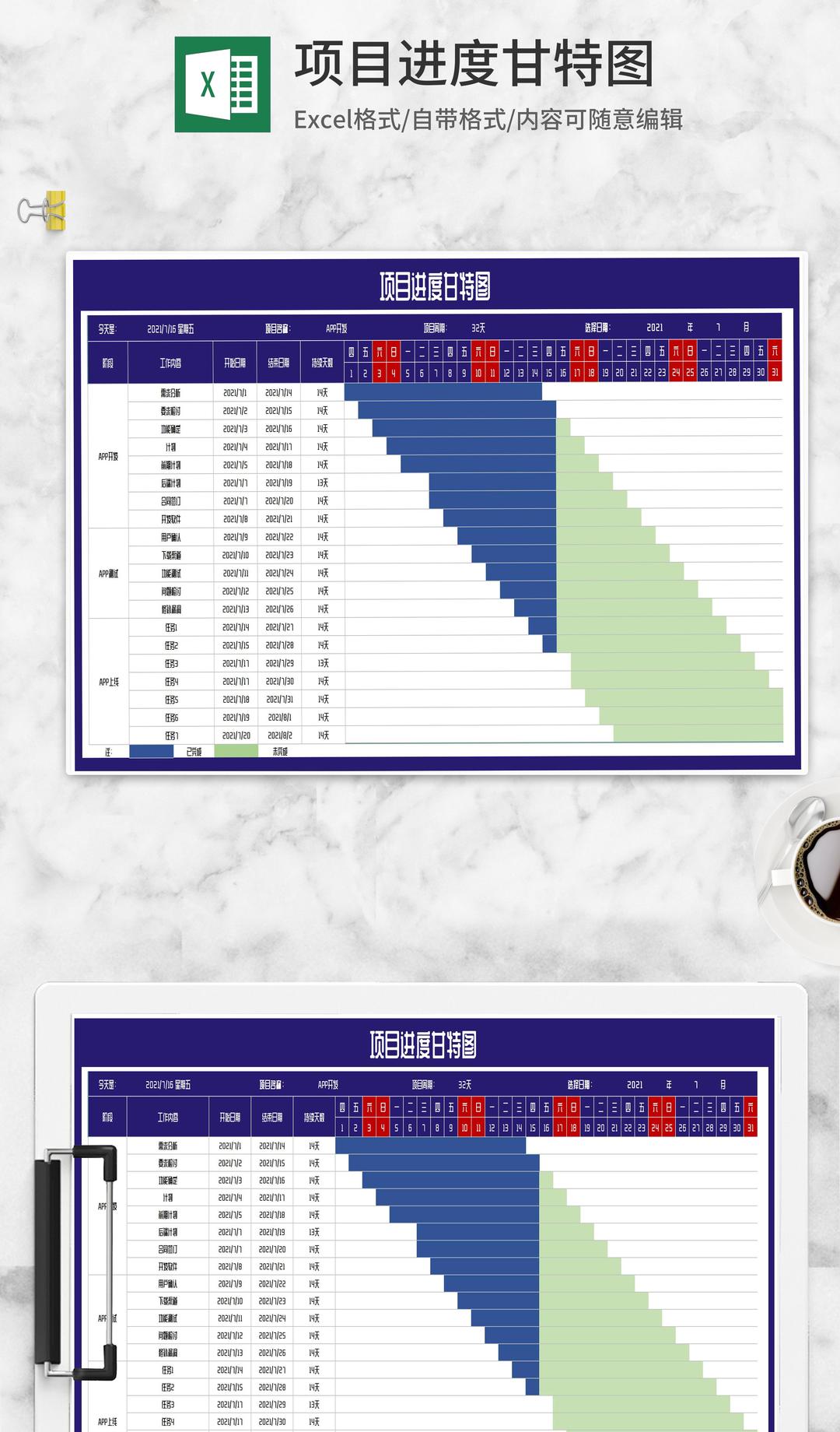 APP项目进度甘特图Excel模板