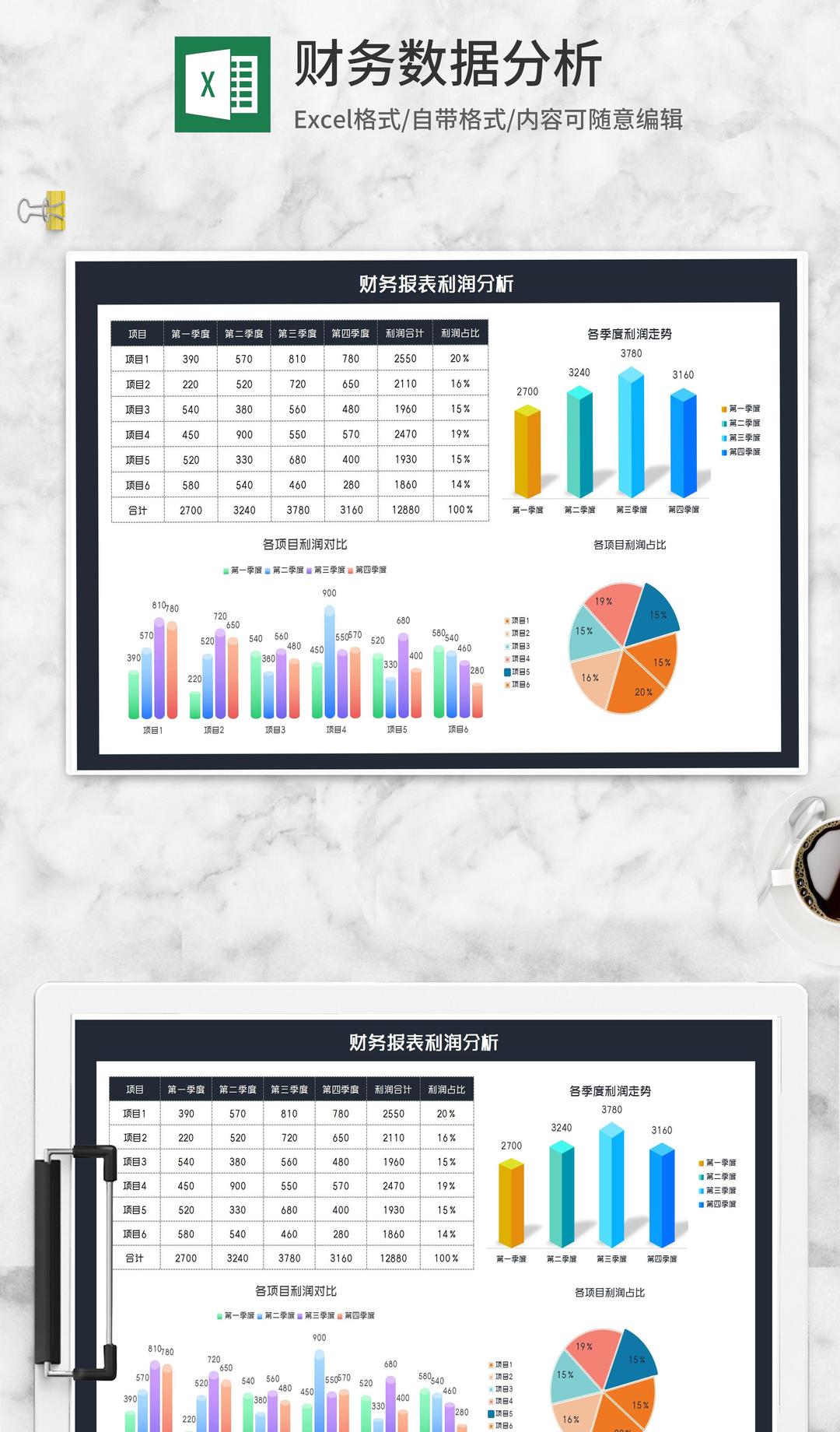 项目各季度财务报表利润分析Excel模板
