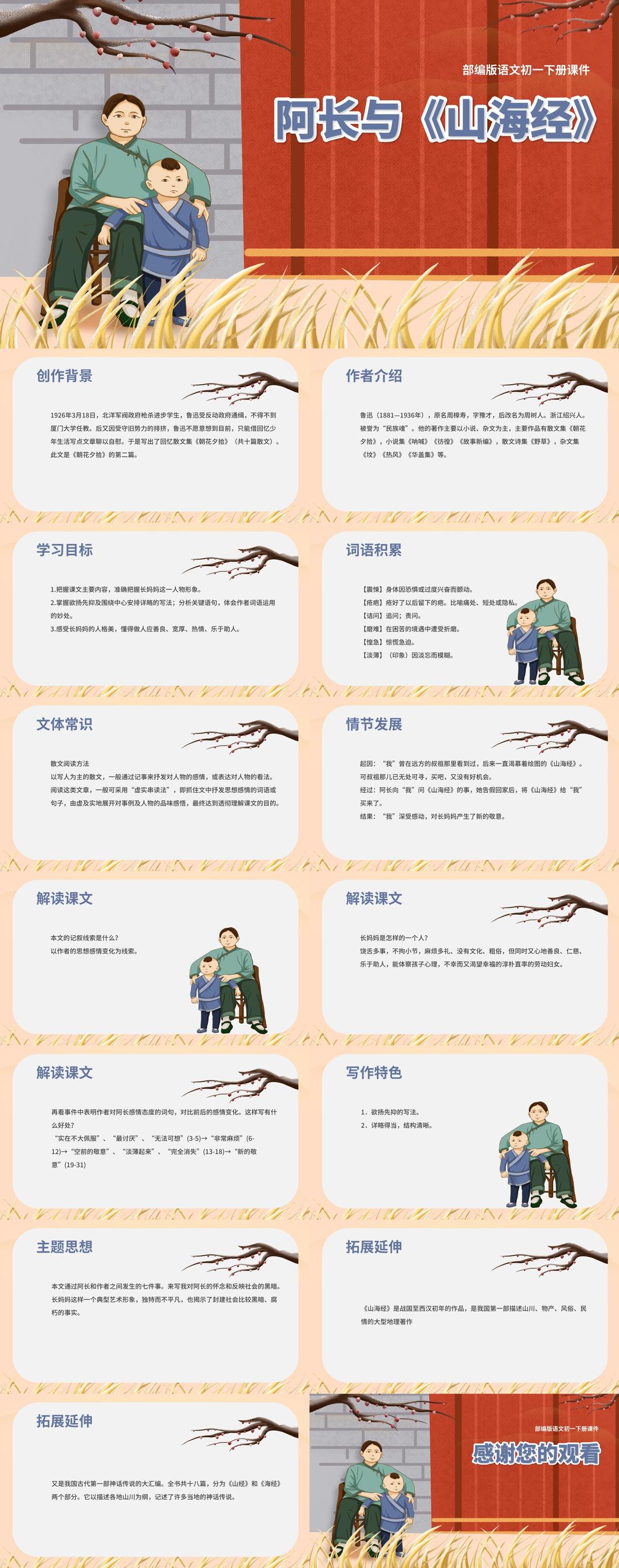 红色中国风初一语文阿长与山海经PPT课件