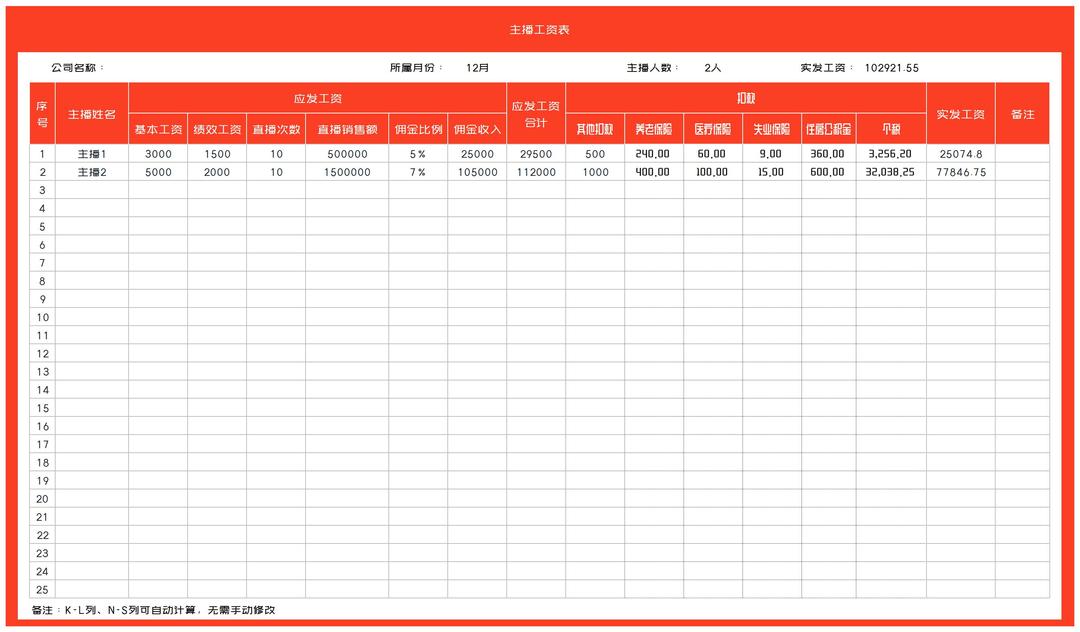主播工资表Excel模板