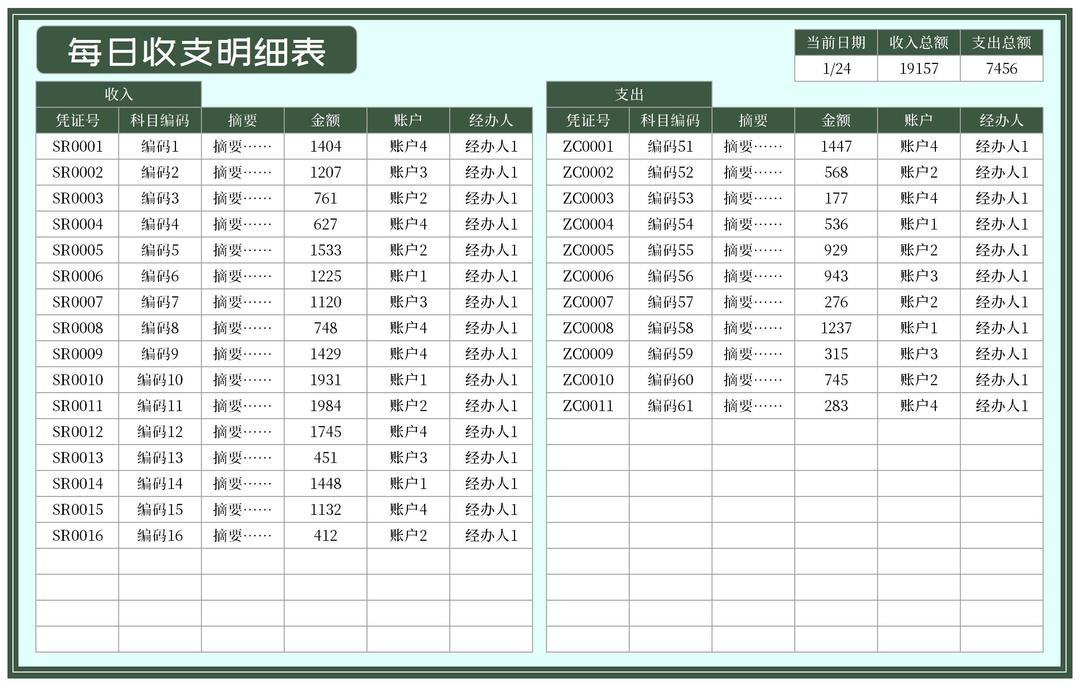 绿色每日账户收支凭证明细表Excel模板