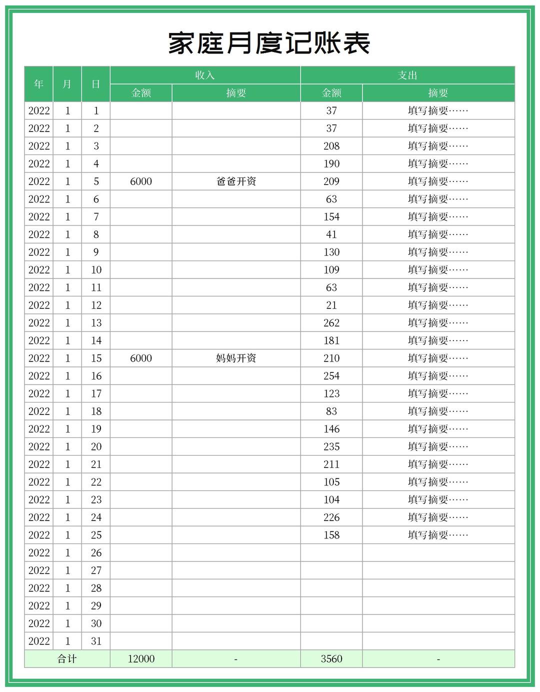 绿色家庭月度收支记账表Excel模板