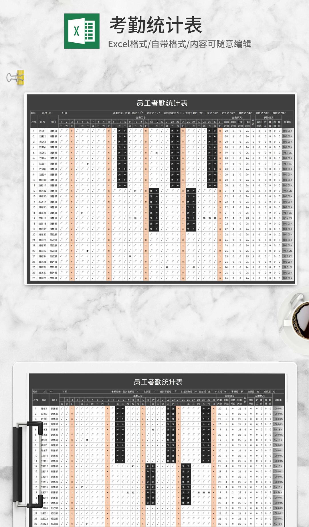 部门员工考勤统计表Excel模板