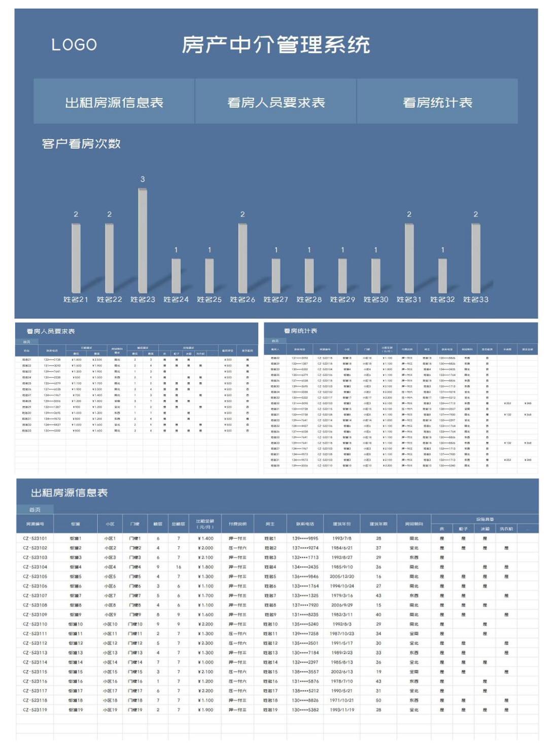 商务风蓝色房产中介管理系统Excel模板