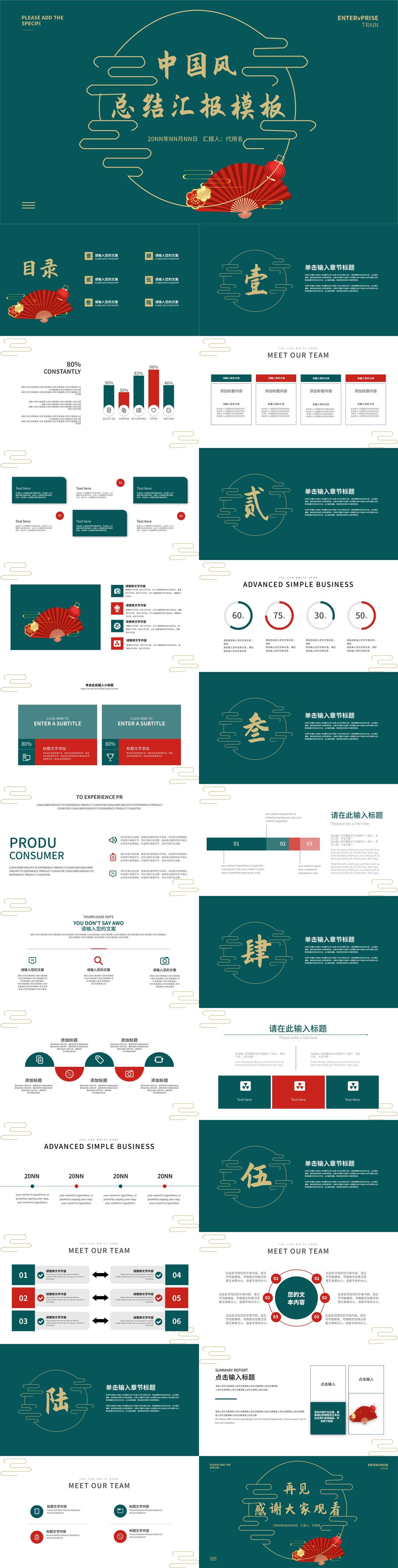 绿色复古中国风总结汇报PPT模板