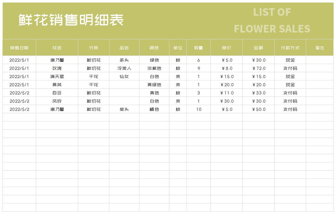 小清新鲜花销售明细表Excel模板