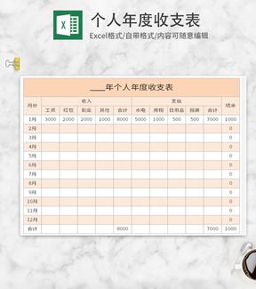 黄色个人年度收支表Excel模板
