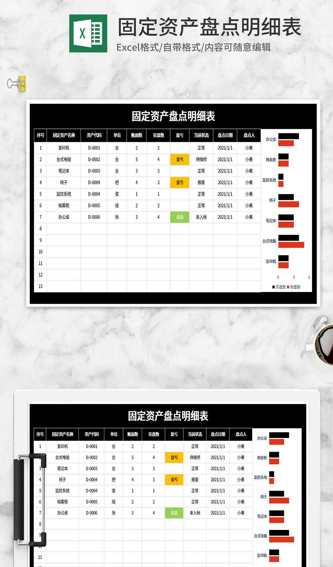 黑色固定资产盘点明细表Excel模板