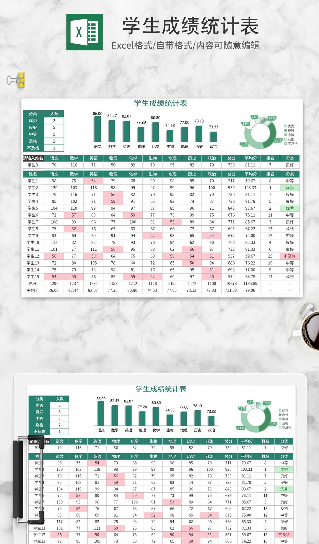 小清新绿色学生成绩统计表Excel模板