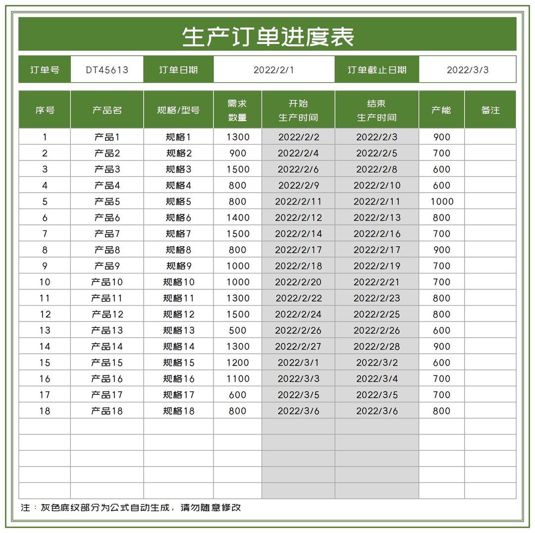 绿色产品生产订单进度汇总查询表Excel模板