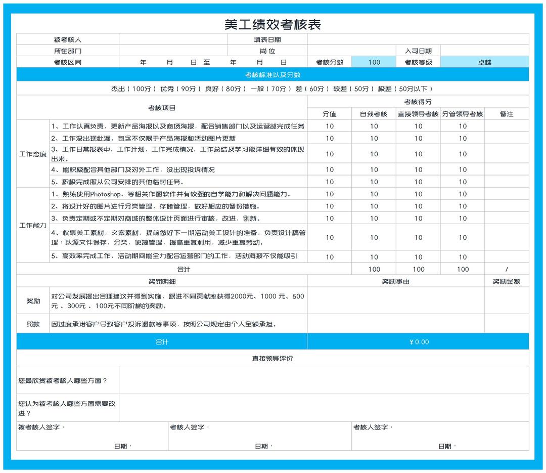 蓝色美工岗位绩效考核表Excel模板