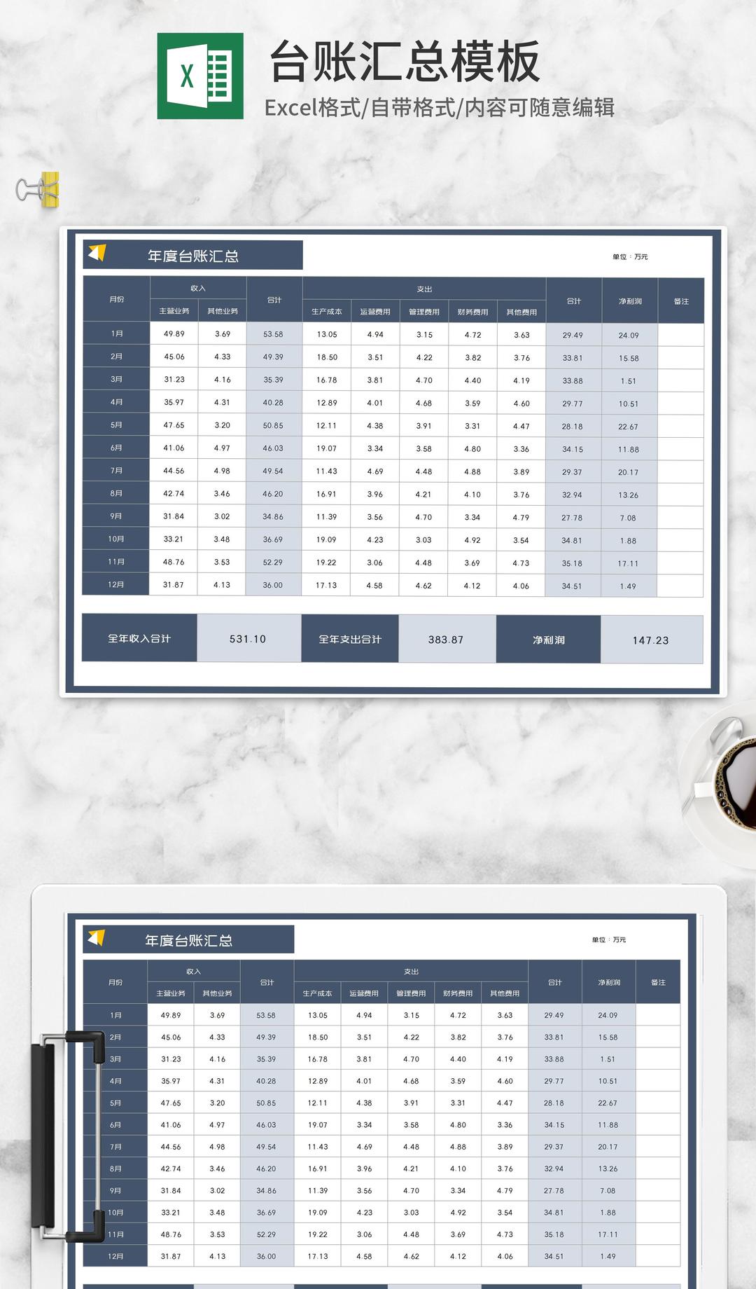年度收入支出台账汇总Excel模板
