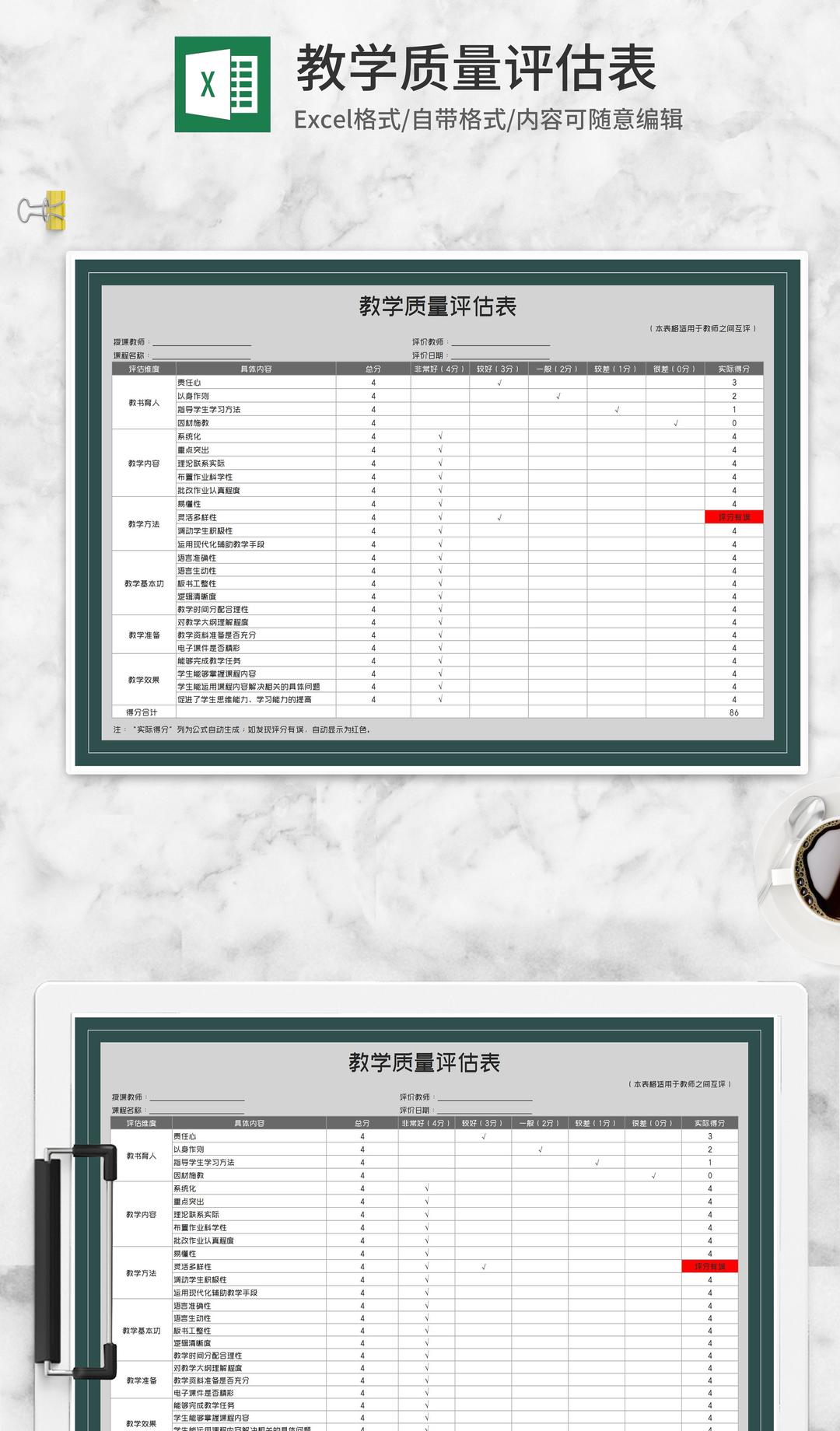 教师授课课堂教学质量评估表Excel模板