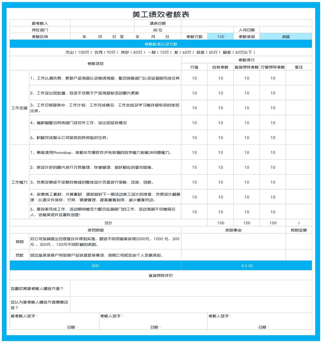 蓝色美工岗位绩效考核表Excel模板