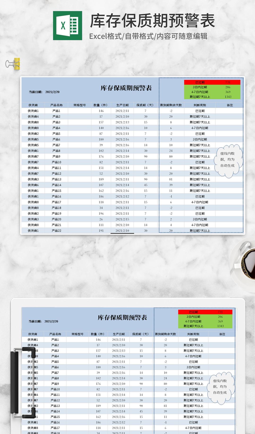 小清新蓝色库存保质期预警Excel模板