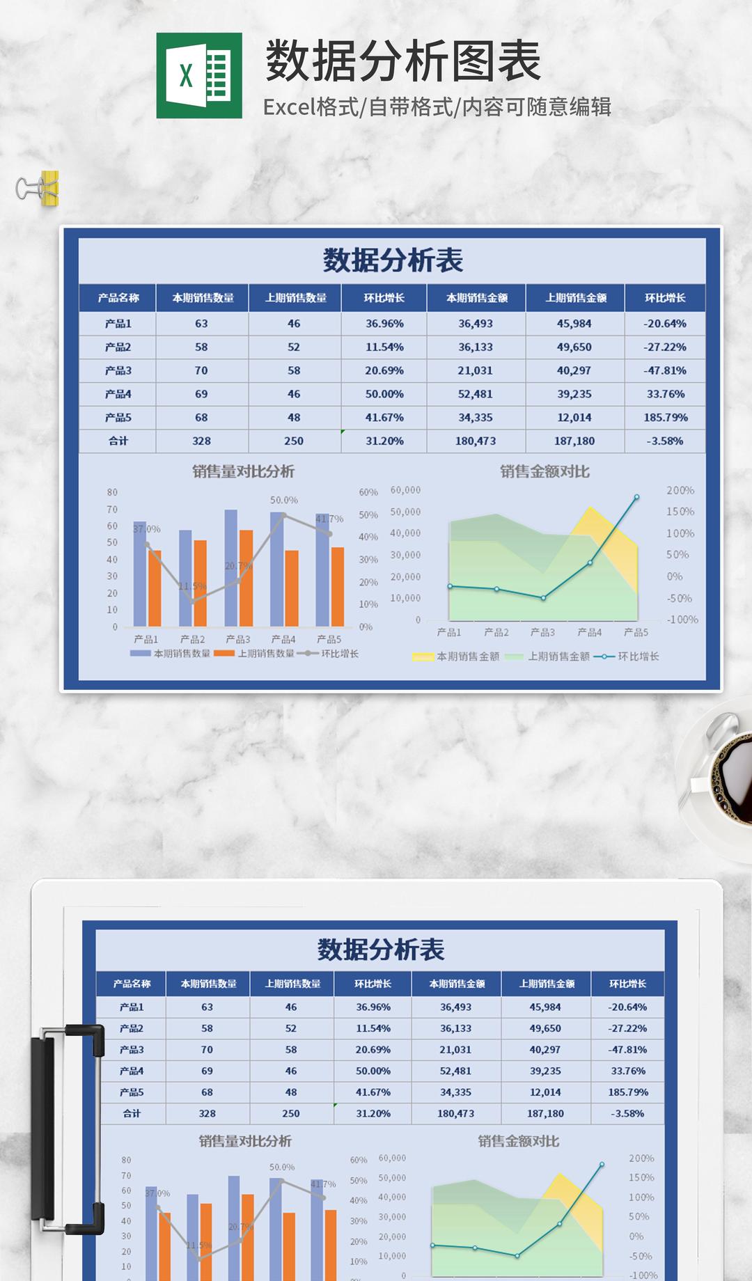 蓝色数据分析图表Excel模板