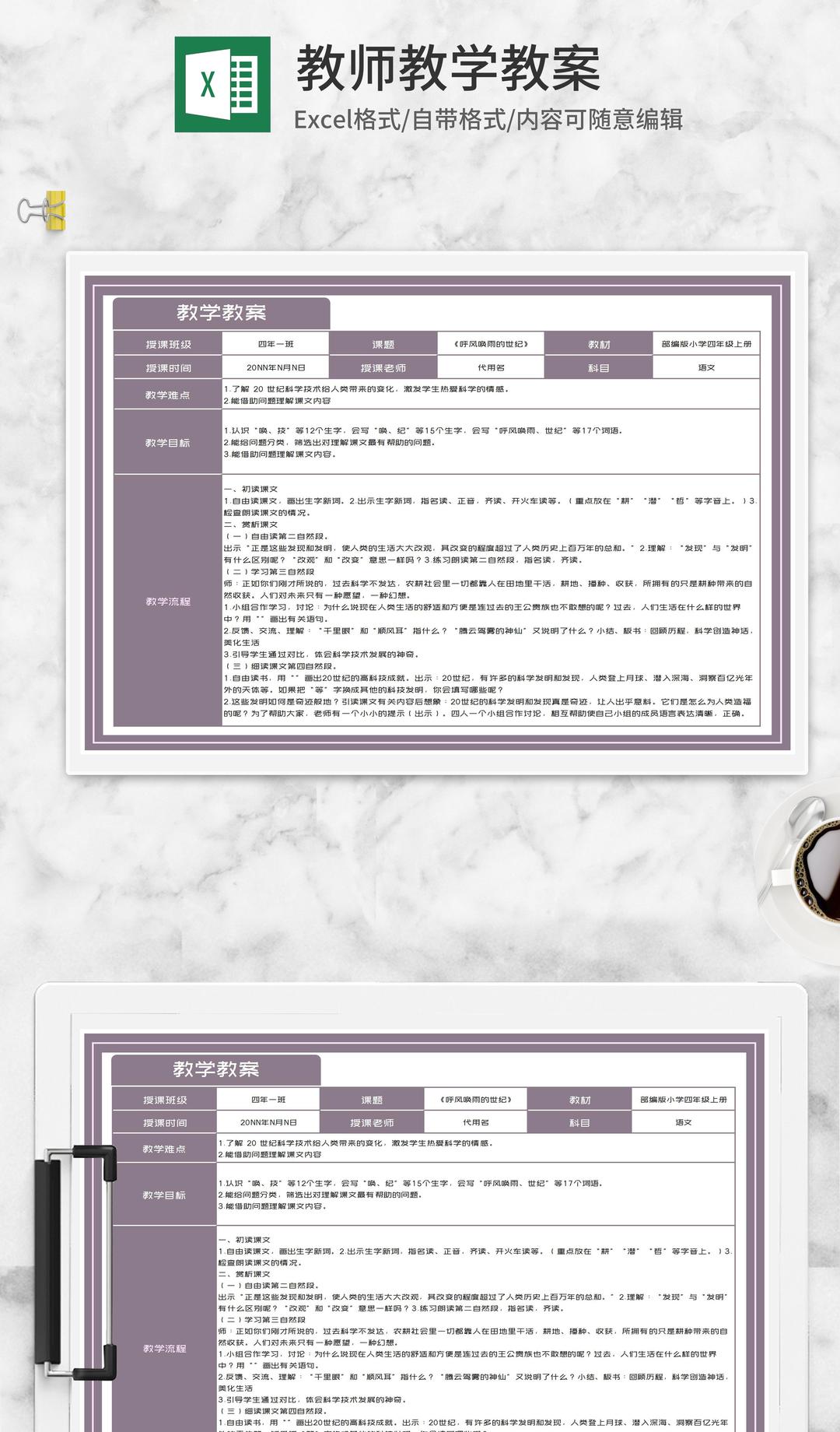 四年级语文课文《呼风唤雨的世纪》教案Excel模板