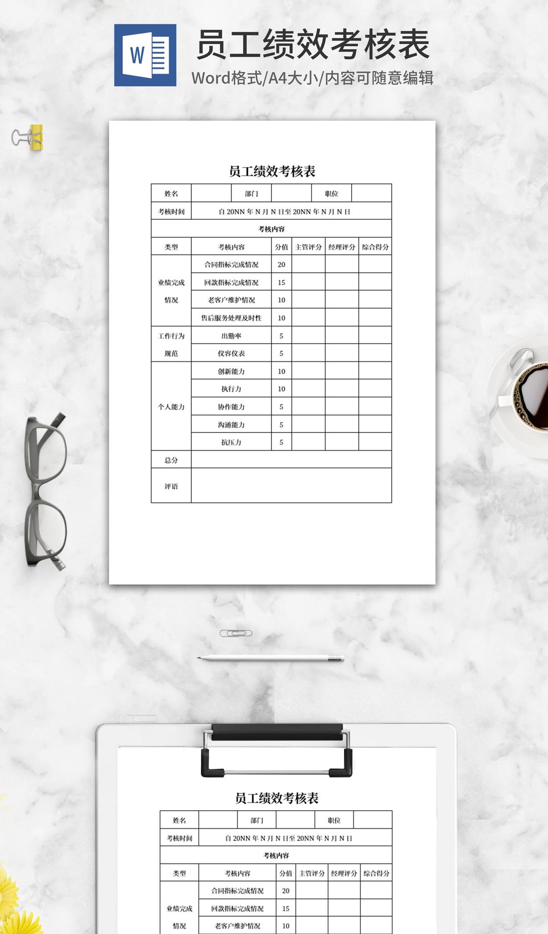 公司员工绩效考核表word模板