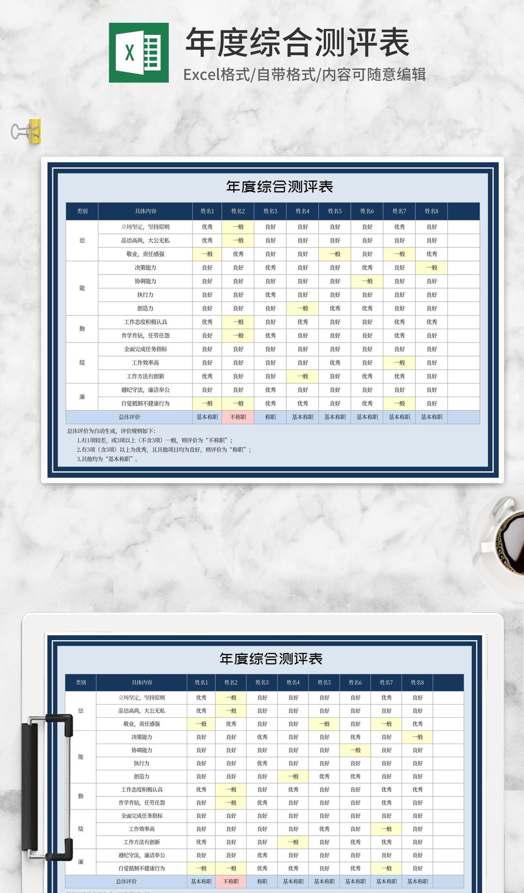 蓝色员工年度综合测评表Excel模板