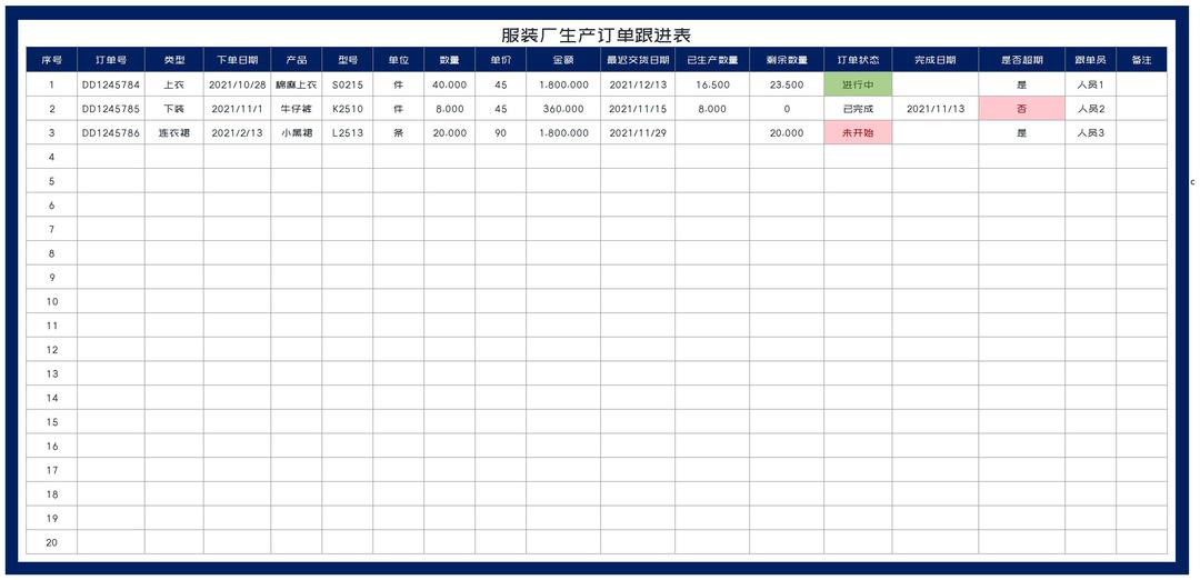 蓝色服装厂生产订单跟进表Excel模板