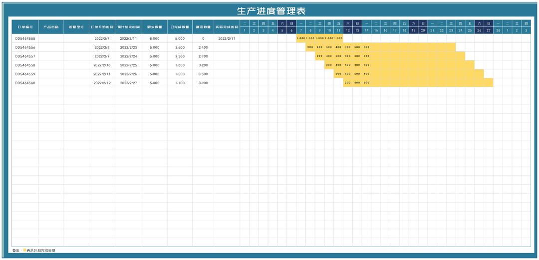 蓝色订单生产进度管理明细表Excel模板