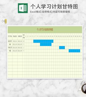 绿色个人学习计划甘特图Excel模板