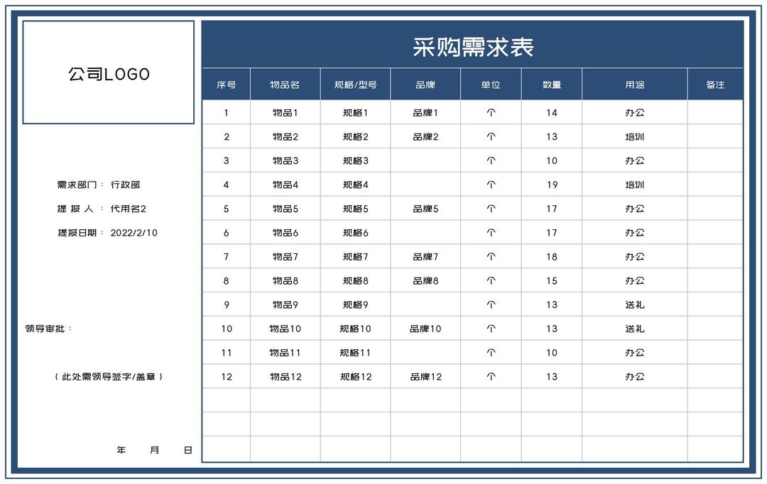 深蓝公司部门采购需求明细表Excel模板