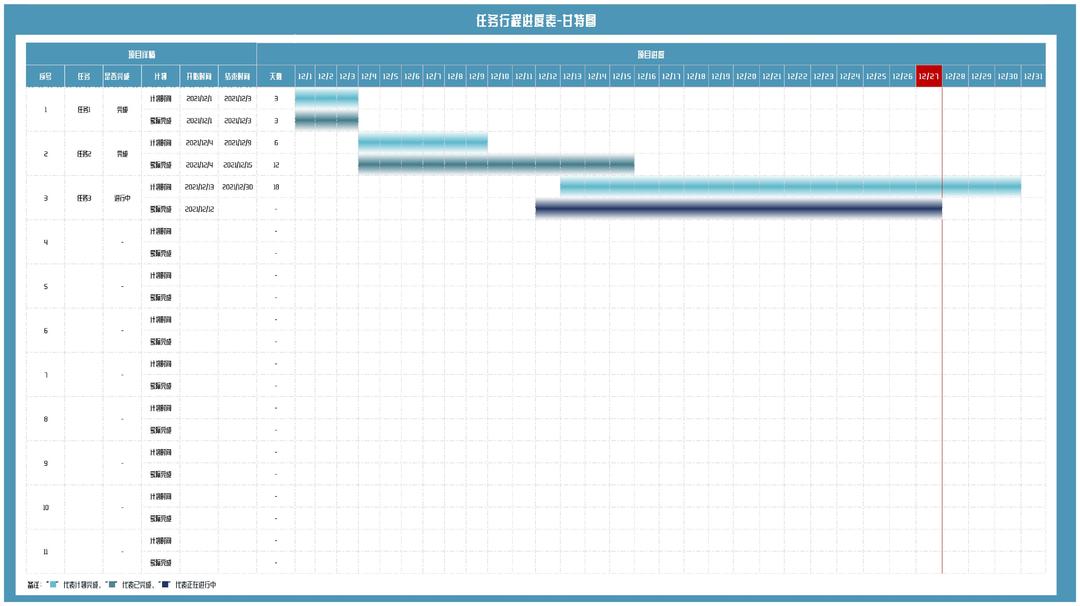 蓝色任务行程进度甘特图Excel模板