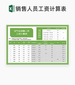 绿色加气站销售人员工资计算明细表Excel模板