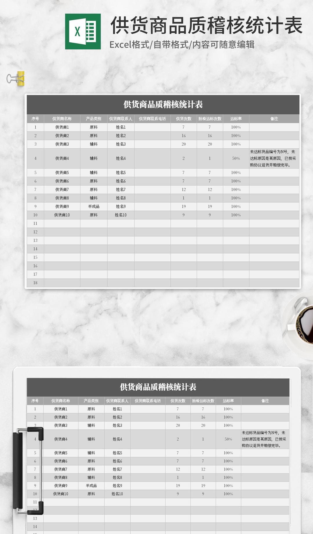 灰色供货商品质稽核统计表Excel模板