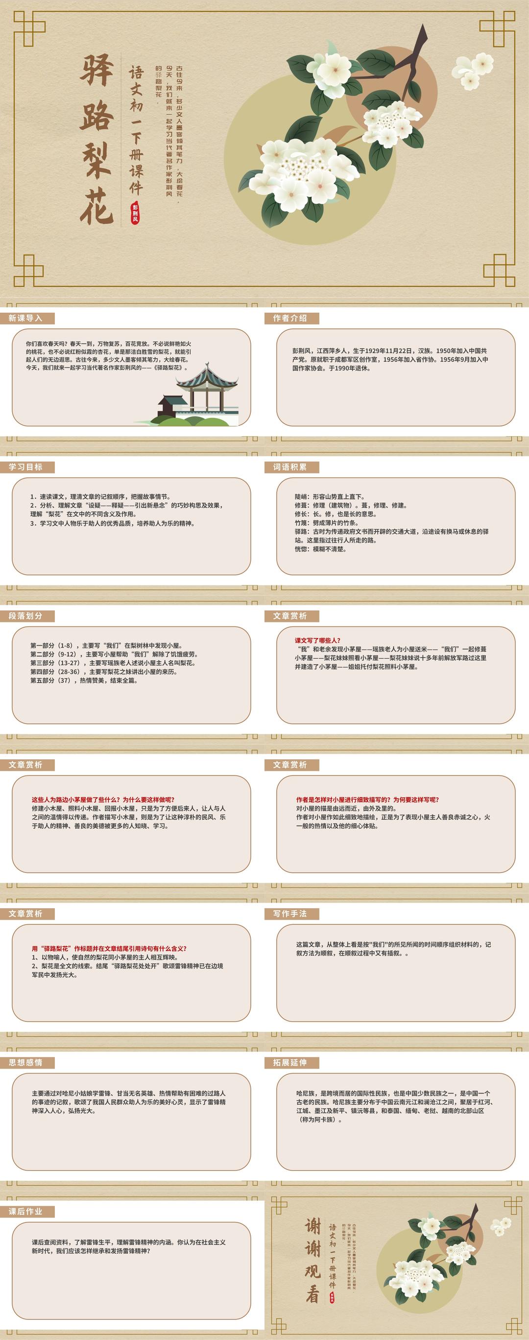 黄色中国风中式语文初一下册驿路梨花教学课件PPT模板