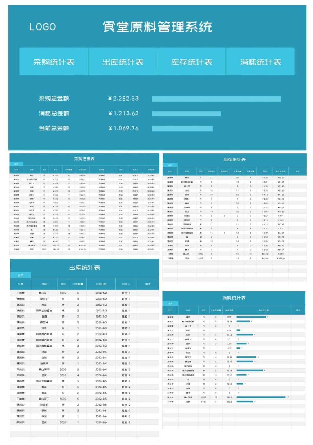 蓝色食堂原料管理系统Excel模板