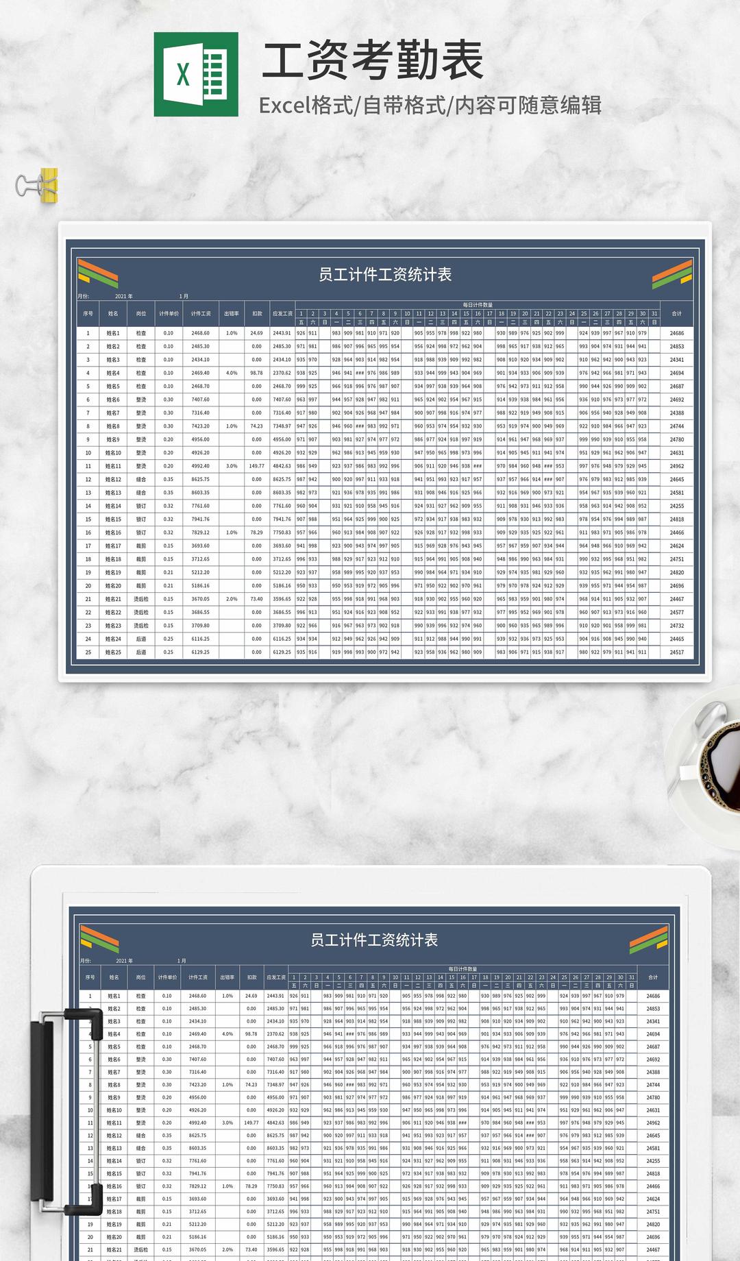 商务深色员工计件工资统计表Excel模板