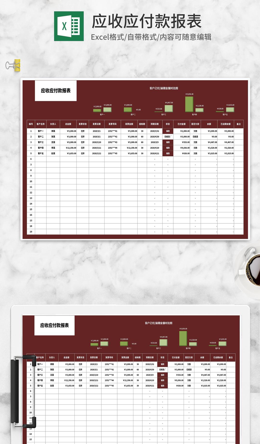 红色客户应收应付款报表Excel模板