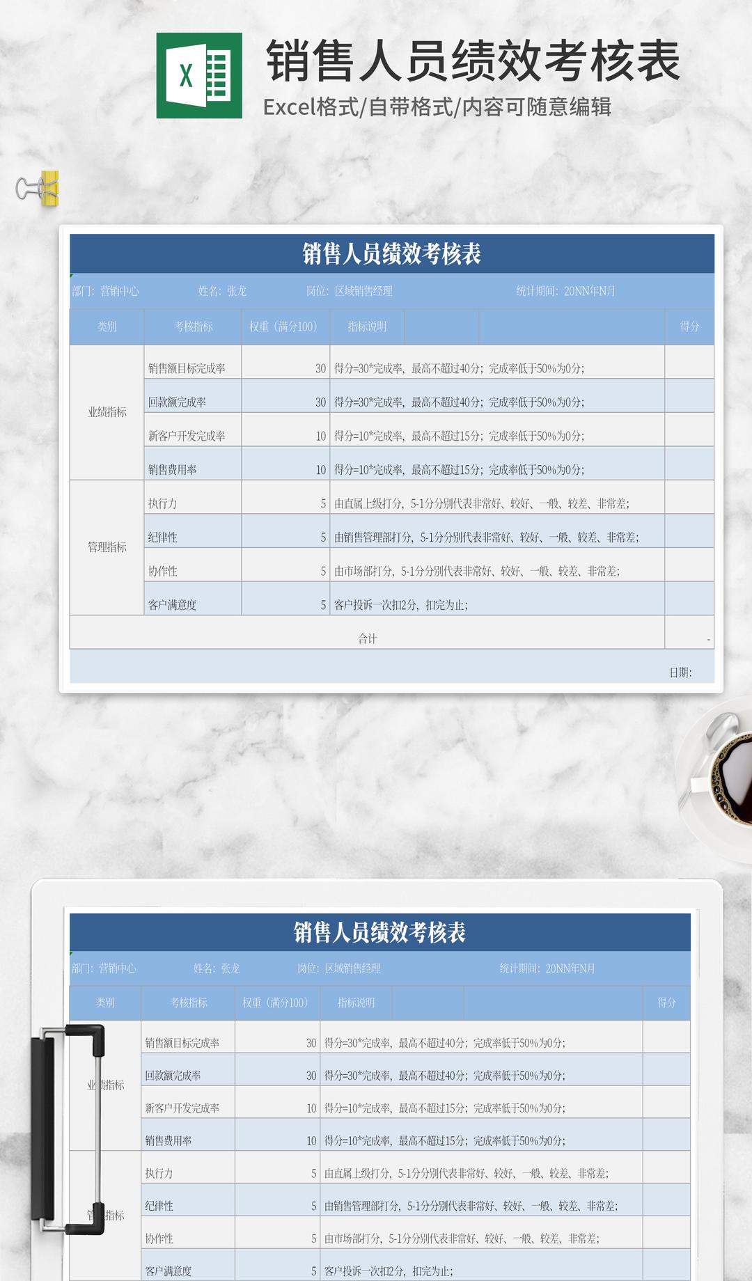 小清新蓝色销售人员绩效考核Excel模板