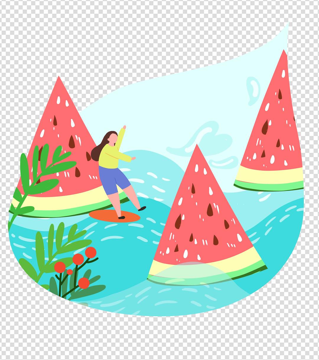 卡通冲浪西瓜女孩立夏元素