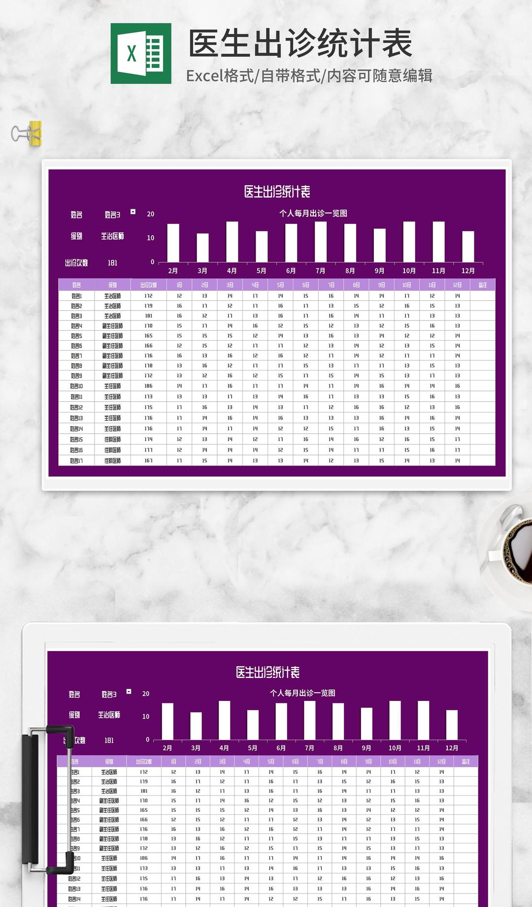 紫色医生出诊统计表Excel模板