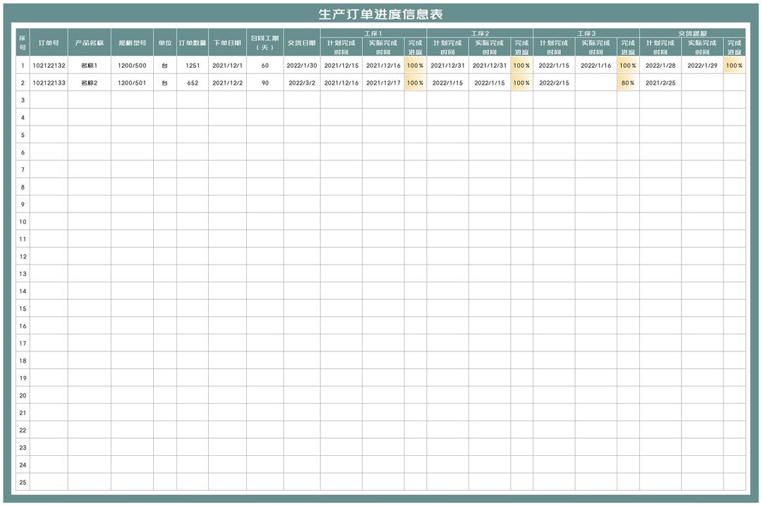 商务风产品生产订单工序进度信息表Excel模板
