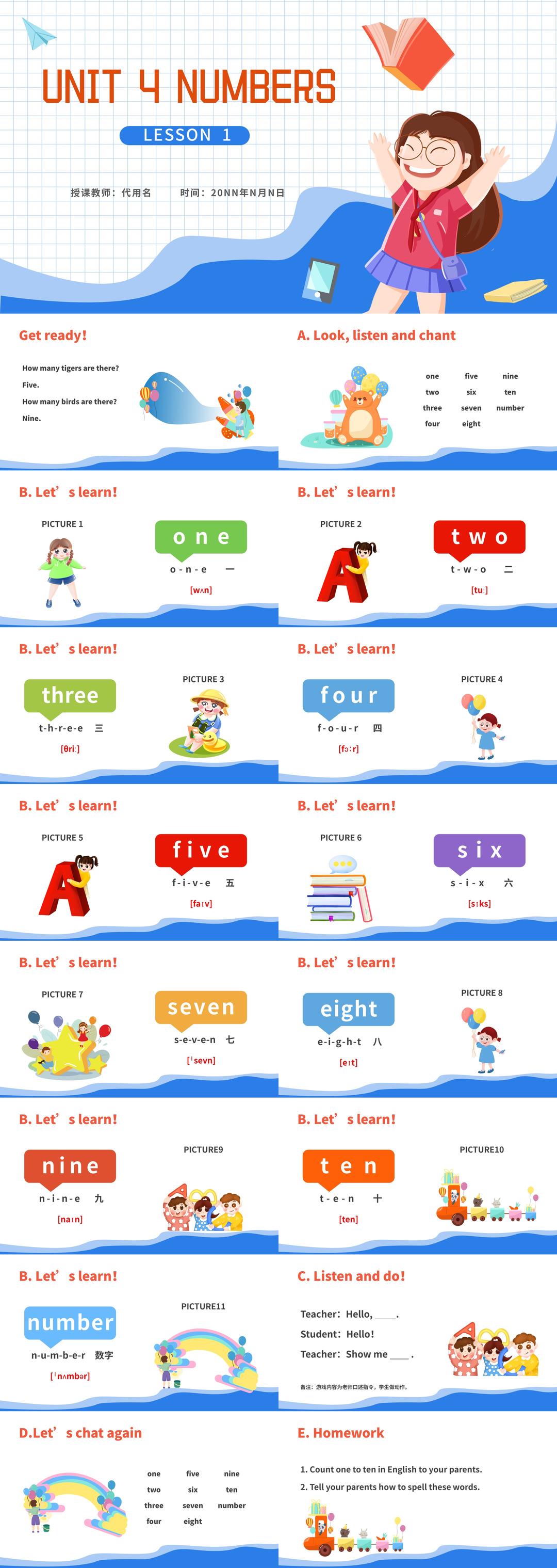 简约卡通一年级《Numbers》英语课件PPT模板