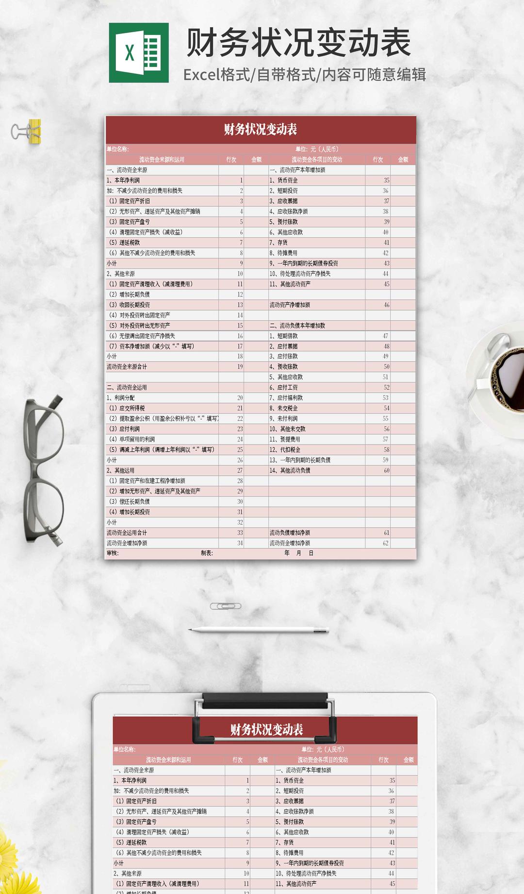 简约风粉色财务状况变动Excel模板