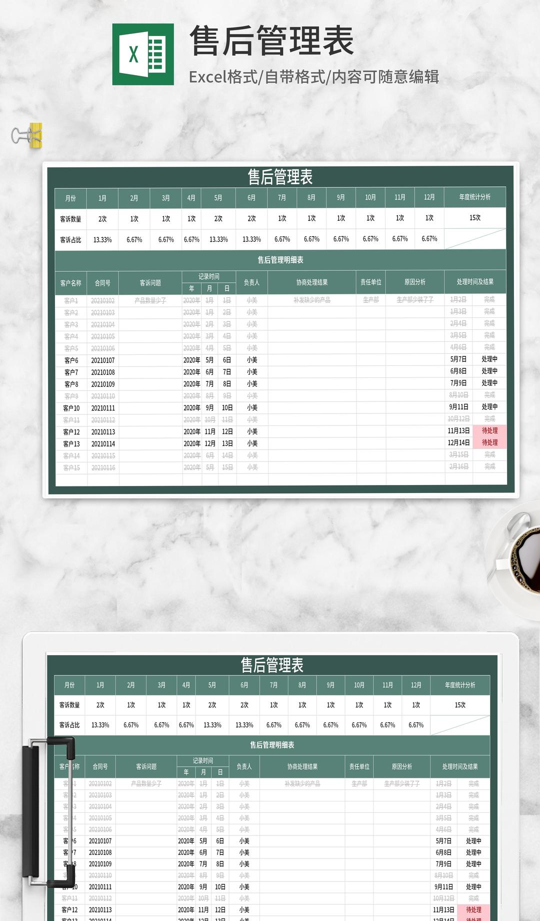 绿色售后管理表Excel模板