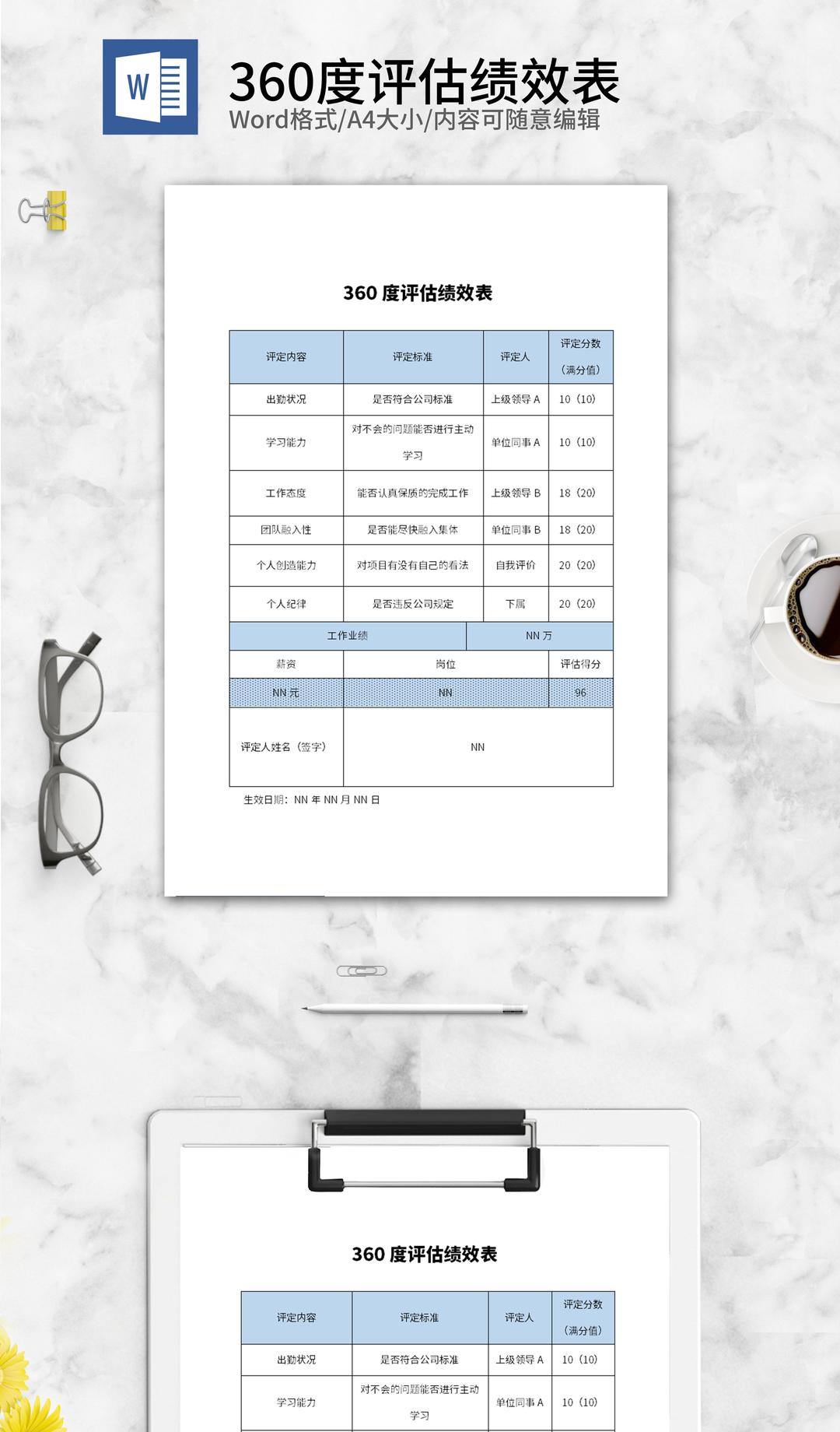 蓝色360度评估绩效表word模板