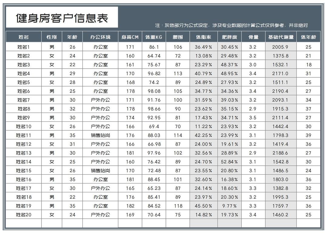 商务风灰色健身房客户信息表Excel模板