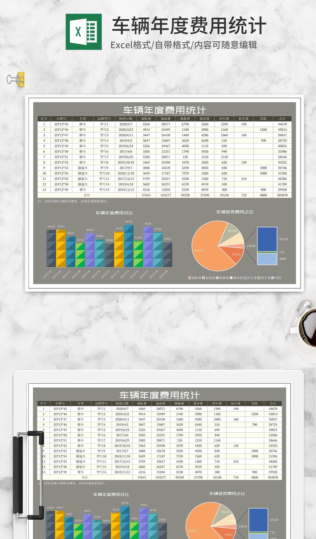灰色车辆年度费用支出统计Excel模板